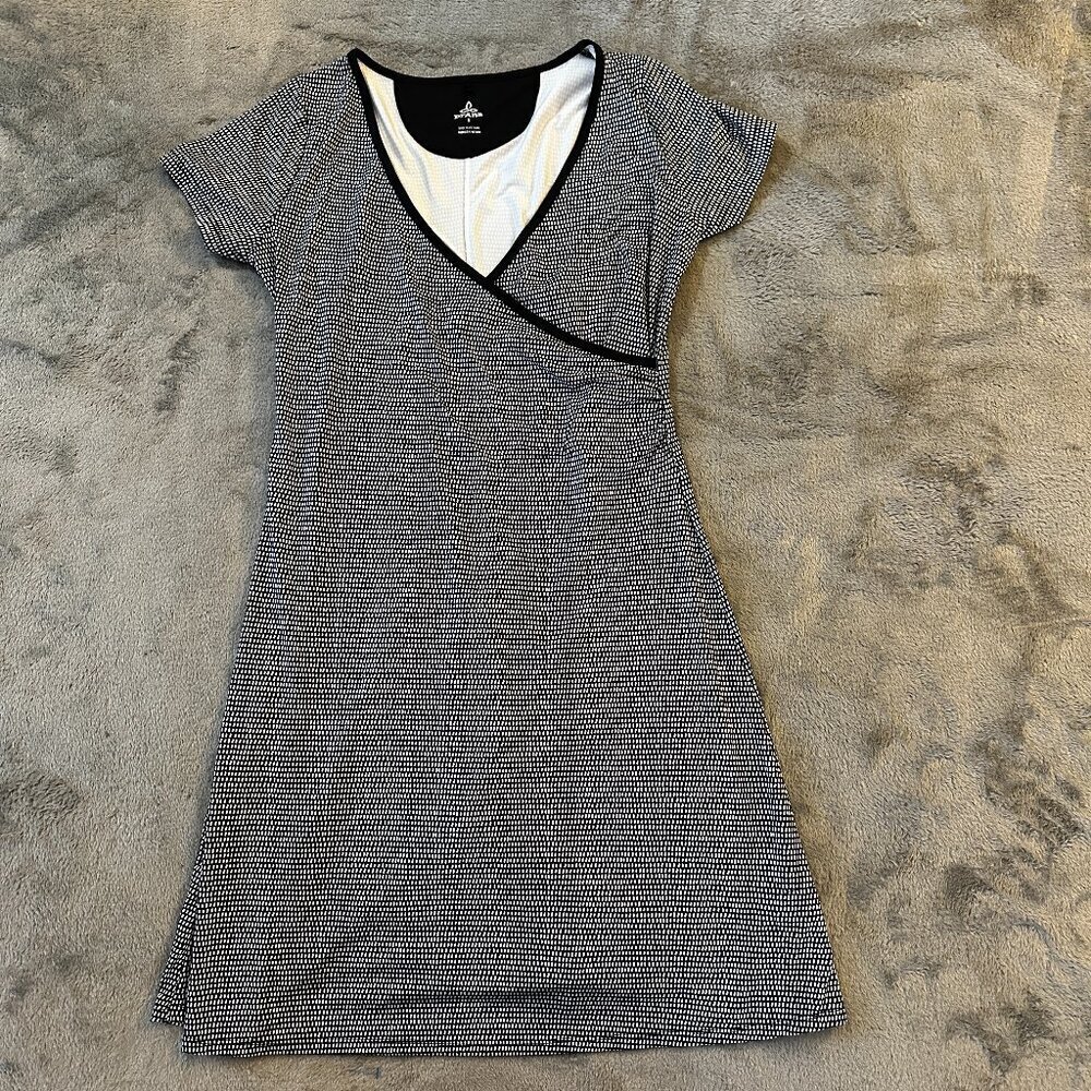 Prana Excellence Faux Wrap Dress Black White Women's SMALL Outdoor Hiking Tennis